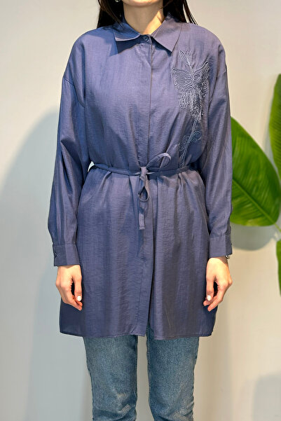 Lale Butik Embroidered Oversize Shirt Tunic 4471 Indigo