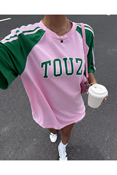 Touz Moda Retro Streetwear Club Pink Green Oversize T-Shirt