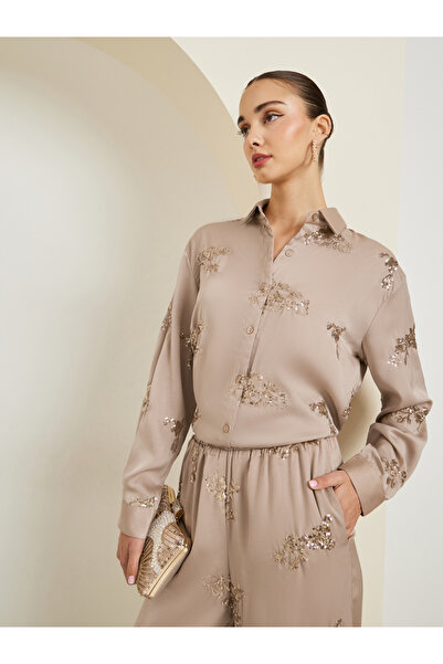 Styli Women Sequined Embroidered Evening Satin Shirt