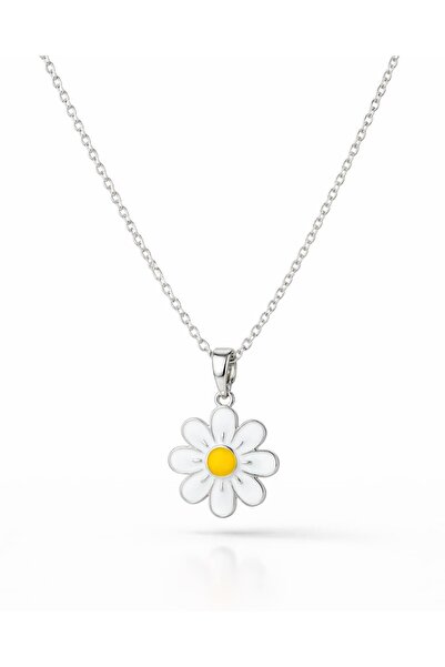 Portakal Esintisi Daisy White Enameled Daisy Steel Necklace