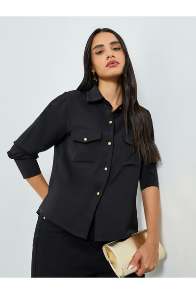 Styli Black Solid Shirt with Buttoned Pockets