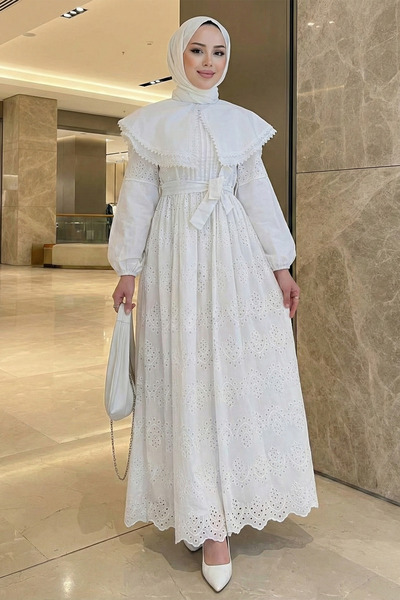 FERHEL Women's Cape Collar Lace Detailed Hijab Elegant Dress White