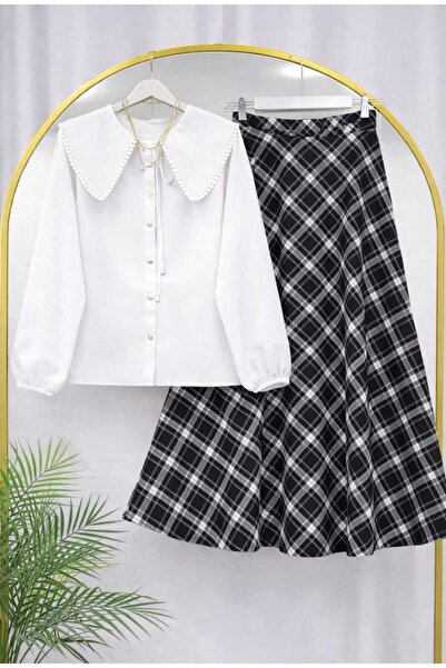 MODA VEDAT Women's Collar Scallop Detailed Shirt - Plaid Patterned Puff Scuba...