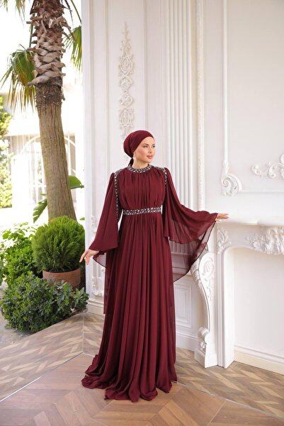 MODABERİLBUTİKK Büyük Beden Taş Detaylı Lacivert Tesettür Abiye – Şifon Yaras...