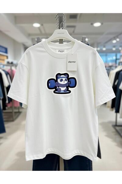 playwear Unisex White Oversize Cotton Sports Panda Printed Knitted T-Shirt