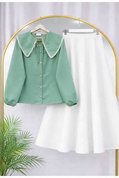 MODA VEDAT Women's Collar Scallop Detailed Shirt - Puff Scuba Skirt -0520