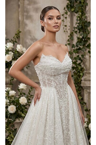 Ayşe gelinlik Transparan Korse Detaylı, Yanlardan Kuyruklu Gelinlik