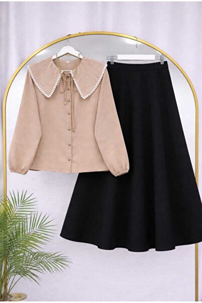 MODA VEDAT Women's Collar Scallop Detailed Shirt - Puff Scuba Skirt -0520