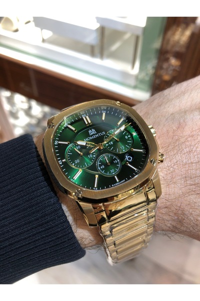 Momentus Altın Kaplama Safir Camlı Su Geçirmez Takvimli Kronometreli Erkek Ko...