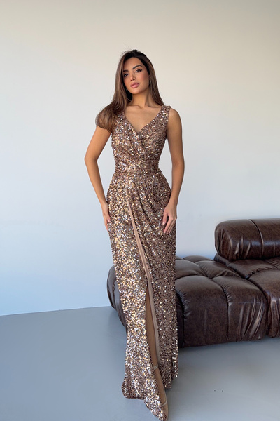 Feminist V Yaka Payetli Işıltılı Uzun Abiye Bakır 9705495