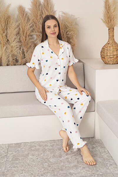 Asel Women's Buttoned Lycra Wrinkled Fabric Short Sleeve Pajama Set