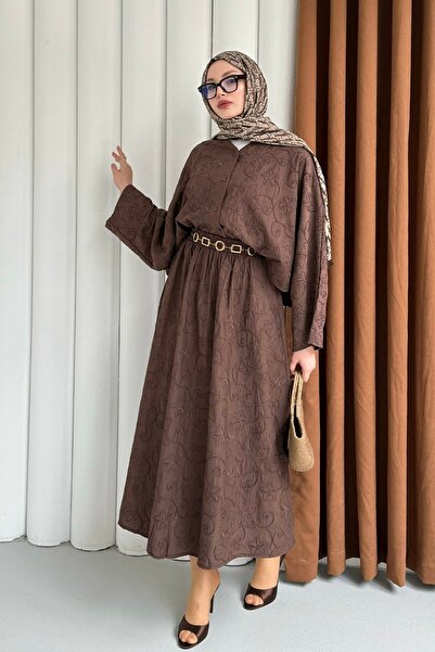 Modaensarbutik Yarasa Kol Kendinden Desenli Bel Lastikli Etekli Tesettür Takı...