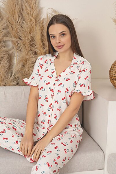 Asel Жіночий комплект піжами з коротким рукавом з еластичної тканини з ґудзик...