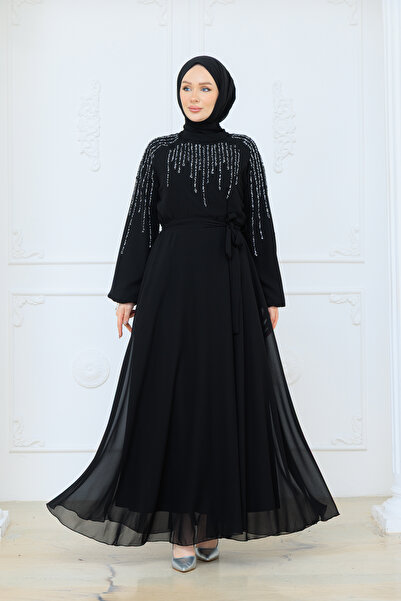 Pamuk Butik Women's Lined Chiffon Dress with Stone Belt