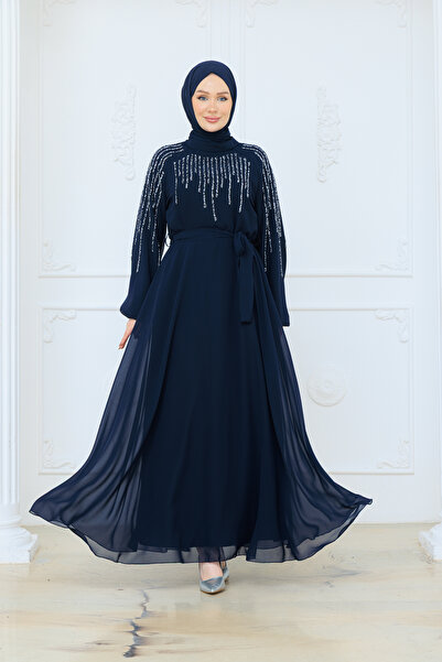 Pamuk Butik Women's Lined Chiffon Dress with Stone Belt