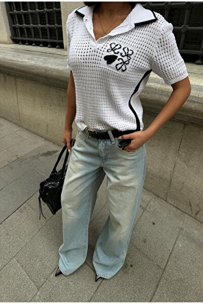 DAME Women's Patterned Polo Collar Tricot T-Shirt