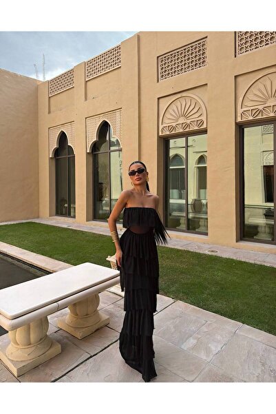 zoezoe Robe Straplez Bel Transparan Detaylı Katlı Davet Elbisesi