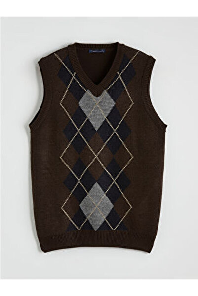 LC Waikiki Brown V-Neck Diamond Patterned Men's Knit Sweater