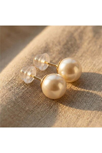 Zeino Büyük Top Bej Krem İnci Küpe - Gümüş Kaplama 14k Altın Rengi, 9 mm çap