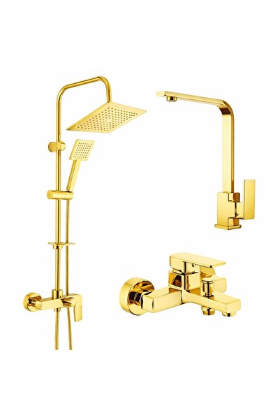 Viosa Ruby Gold Kare Altın Robot Yağmurlama Duş Seti Lavabo Eviye Banyo Batar...