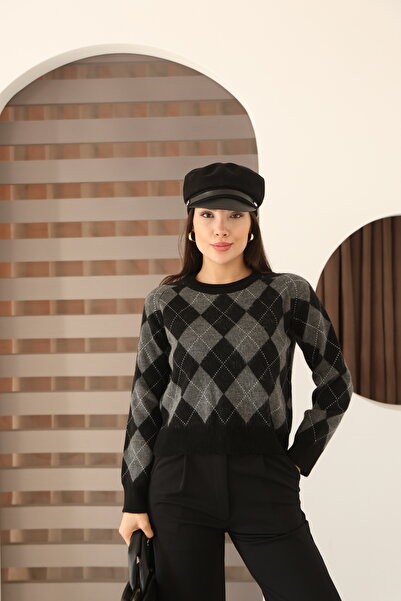 İgnites Gray Black Diamond Patterned Sweater