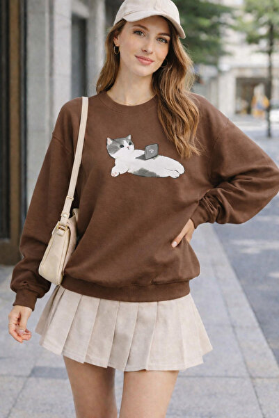 ArtYus Chill Cat Printed Cotton Relaxed Fit Crew Neck Unisex Sweatshirt