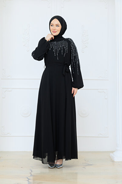 Pamuk Butik Kadın Astarlı Taşlı Kuşaklı Şifon Elbise