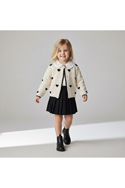 Leni Kids Black Heart-Patterned Knitwear Cardigan Baby Collar Shirt Pleated S...
