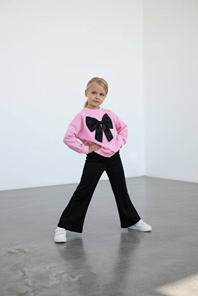 YİGİT BUTİK Kız Çocuk Pembe Fiyonklu 2 İplik Sweatshirt & İnterlok İspanyol P...