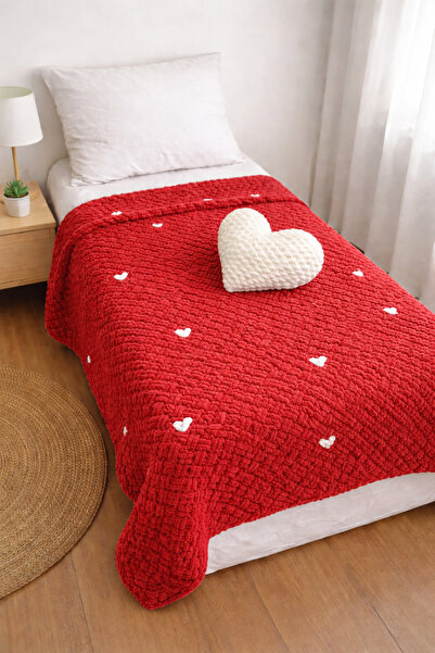 Alize Puffy Hand Knitted Puffy Yarn Blanket & Heart Pillow Set - Gift, Soft T...