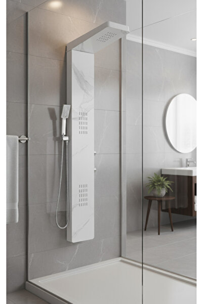 Olivy Panou de duș din marmură albă – Design modern cu duș fix, hidromasaj și...