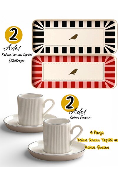 Dem Home 4 Piece Cup and Rectangular Plastic Coffee Presentation Tray with Bi...