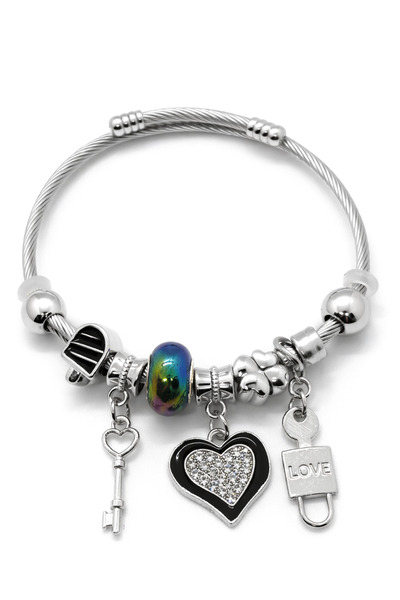 MakeWell سوار من الفولاذ مع تفاصيل ساحرة على شكل مفتاح وقفل - سوار نسائي فضي ...