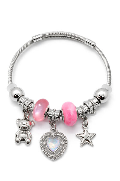 MakeWell Pink Heart and Crown Charm Detailed Steel Bracelet – Silver Color Wo...