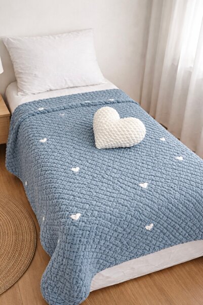 Alize Puffy Χειροποίητη πλεκτή κουβέρτα από χοντρό νήμα & σετ μαξιλαριών καρδ...