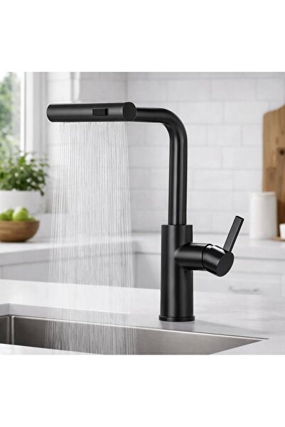 İSAOĞLU YAPI خلاط مطبخ أسود بنظام سحب وتمديد وتدفق شلال مع وظيفة تدفق الماء، ...