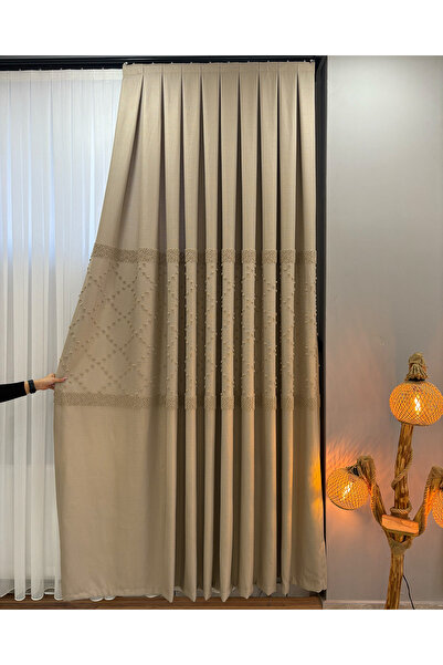 PERDEYERİ Pomelissa Serisi Ponponlu 1/3 Kat Sık Pile Fon Perde TEK KANAT Dökü...