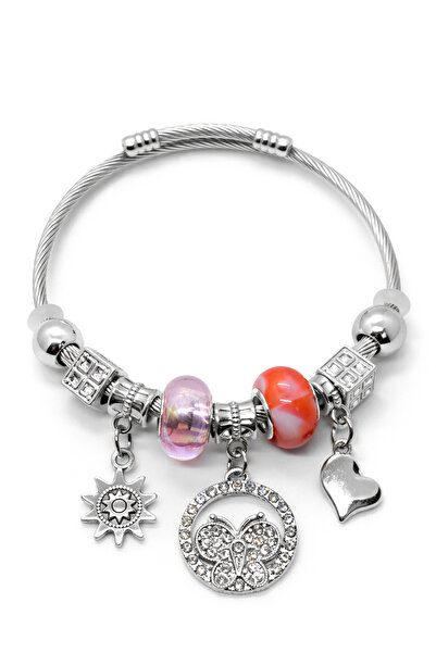 MakeWell Pink Heart and Crown Charm Detailed Steel Bracelet – Silver Color Wo...
