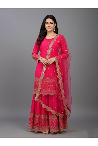 MYSMAR طقم شارارا ودوباتا من قماش جورجيت صناعي ثقيل وردي اللون - FFT7124 | وردي