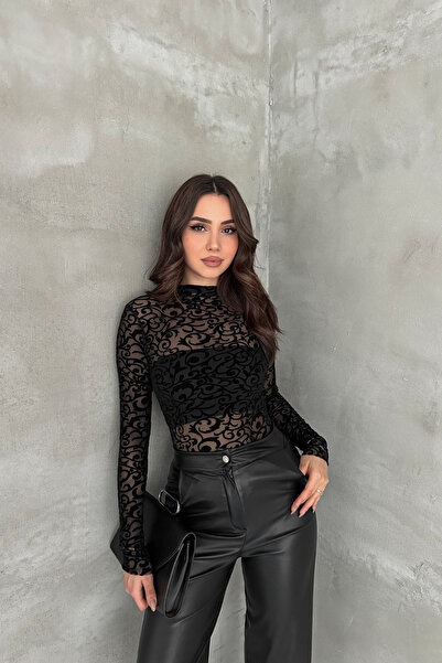 MİROR Women's Black Flocked Printed Transparent Bodysuit