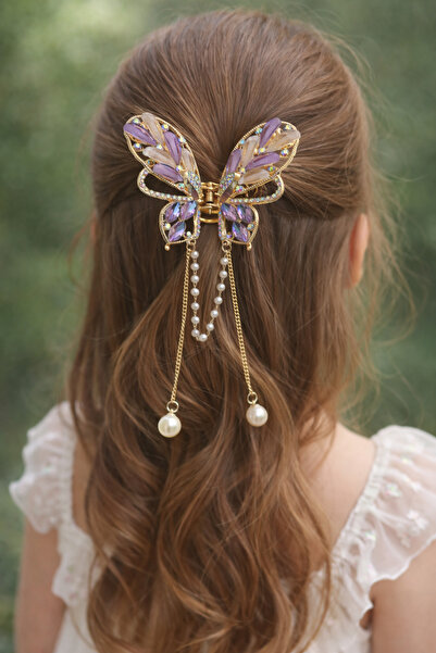 MakeWell Gold Color Stone Butterfly Girl's Hair Clip with Pearl Pendant and C...