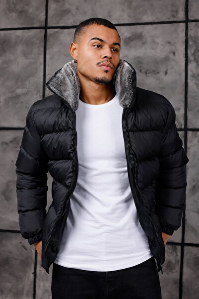 Rowsmen New Season Black Men's Puffy Coat with Fur Collar