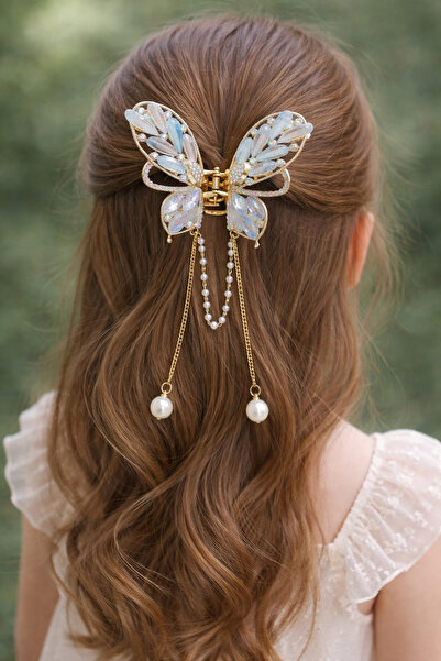 MakeWell Gold Color Stone Butterfly Girl's Hair Clip with Pearl Pendant and C...