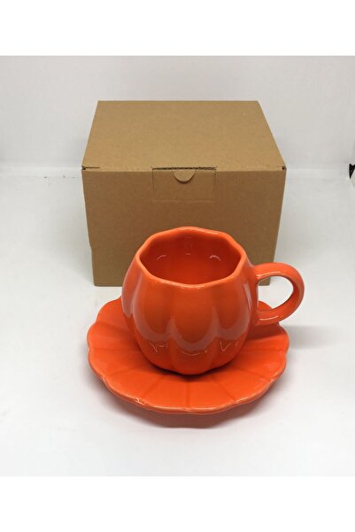 Lebron Seramik Balkabağı Formlu Kupa ve Tabak Seti - Turuncu