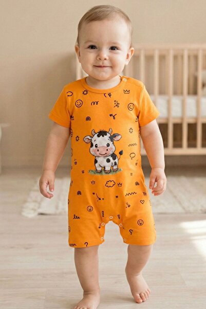 LUCEVERA Unisex İnek Baskılı Kısa Kollu Bebek Tulum – 5 Çıtçıtlı Pamuklu Yazl...