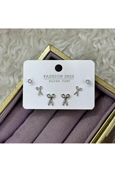 Septemmart Scissors Figured Zircon Stone 3-Piece Silver Color Earring Set 316...