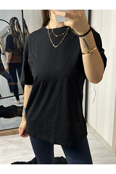 ELA Black Crew Neck Basic Oversize T-Shirt