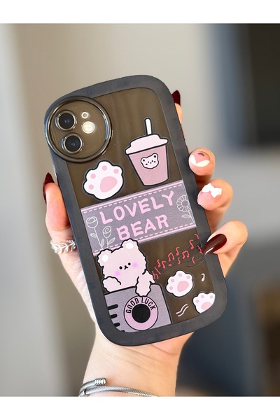 MİRAZ TASARIM حافظة شفافة سوداء بنمط الدب لآيفون 11