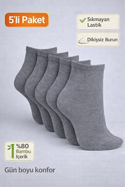 Baff Gri Unisex Orta Konç Bambu Çorap (5'li Paket)