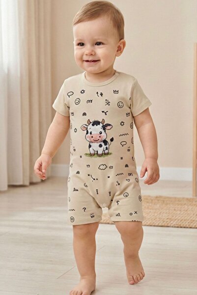 LUCEVERA Unisex İnek Baskılı Kısa Kollu Bebek Tulum – 5 Çıtçıtlı Pamuklu Yazl...